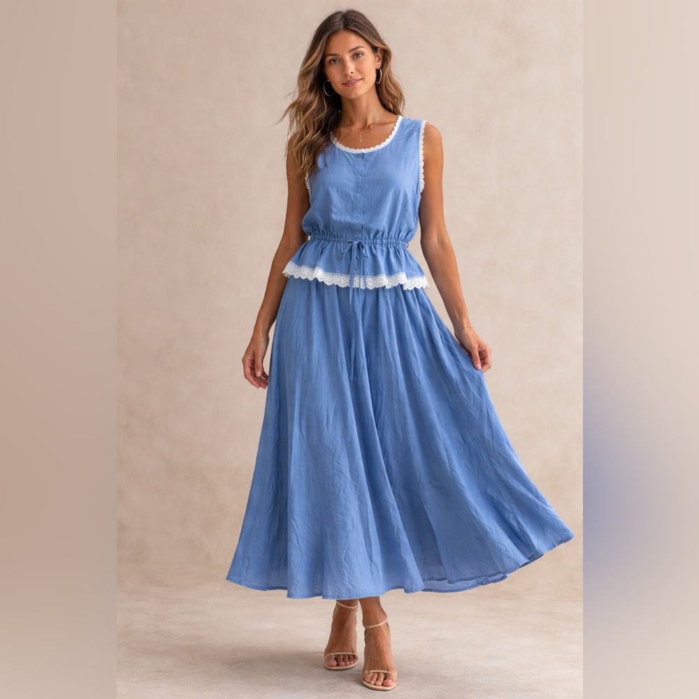 Sleeveless Blue Lace-Trim Skirt Set